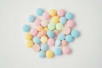 Colorful pastel-colored pills clustered on a white surface.  Small, round, and various pastel hues, including light pink, light blue, yellow, and light orange, 
