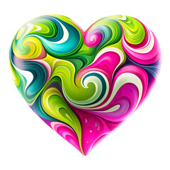 Vibrant colorful heart shape with swirl pattern, shades of pink, green, yellow, and blue, creating dynamic and visually engaging design against transparent background, close-up, cutout, clipart, png.