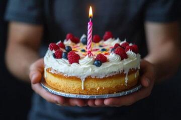 August Birthday Celebration: Hands Holding Festive Cake with Candle for First Year Party