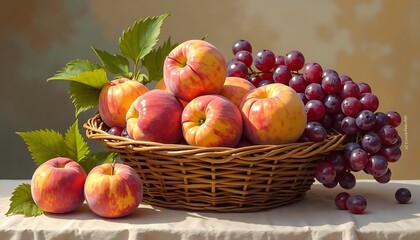 A still life arrangement featuring a wicker basket filled with ripe peaches and grapes.