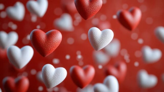 Red and white textured hearts in mid-air against a red background