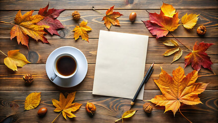 A flat lay of autumn leaves, coffee, paper, and a pen on a wooden table creating a cozy fall scene