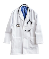A pristine white lab coat with a stethoscope, symbolizing health and medical professionalism. Isolated on transparent white background, png	
