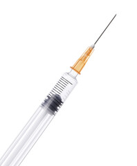 Fototapeta premium Close-up of a medical syringe with a sharp needle, designed for precise injections. Isolated on transparent white background, png 