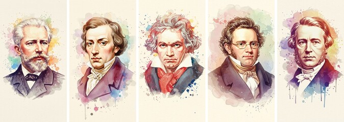 Artistic representation of 19th century Romantic era piano music composers, watercolor. Assumed AI generated portraits tchaikovsky chopin beethoven schubert mendelssohn. World Classical Music Day