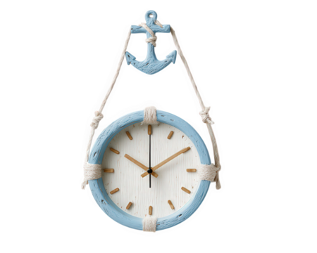 Nautical wall clock with anchor frame, blue and white color, rope detail, round shape, decorative, isolated on transparency background, evokes coastal charm