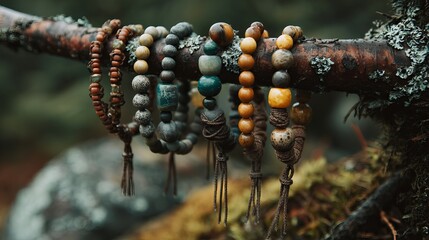 Handcrafted natural bead bracelets hanging on rustic tree branch display in organic bohemian style