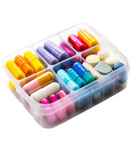 Colorful assortment of various pills and capsules arranged in a transparent organizer. Isolated on transparent white background, png	
