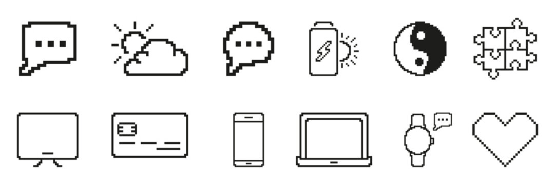 Pixel Art Icon Set Featuring Communication, Technology, And Wellness Symbols. Includes Speech Bubbles, Cloud, Battery, Yin Yang, Puzzle, Screen. Isolated Vector Illustration
