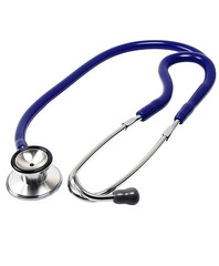 A sleek, modern stethoscope with a silver chest piece and blue tubing. Isolated on transparent white background, png	
