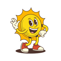 Smiling sun mascot in retro cartoon style with waving gesture, bright colors, and expressive face perfect for summer-themed design, branding or graphics. Vector illustration