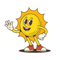 Vintage cartoon sun character with gloves and sneakers waving hand and smiling kindly. Suitable for children’s media, summer projects, weather apps, and branding. Vector illustration