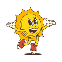 Fototapeta premium Energetic cartoon sun character with gloves and sneakers jumping with arms wide open and joyful expression. Great for summer designs, kids’ content, posters, and branding. Vector illustration