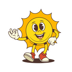 Vintage cartoon sun mascot smiling and walking forward while showing the ok hand gesture. Perfect for summer, vacation, weather, and cheerful branding projects. Vector illustration