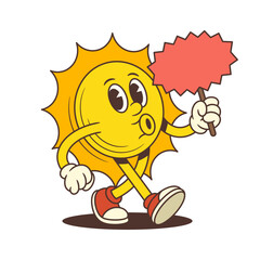 Cheerful sun mascot whistling while walking and holding an empty red signboard ideal for advertising use. Suitable for summer, vacation, marketing, and branding projects. Vector illustration