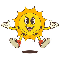 Vintage cartoon sun mascot joyfully jumping up with arms spread wide. Suitable for summer, vacation, weather, and cheerful design projects. Bright and playful character with energetic vibe