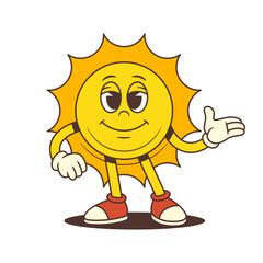Calm and cheerful vintage sun mascot smiling gently while making an inviting hand gesture. Suitable for summer, vacation, branding, and positive communication designs. Vector illustration