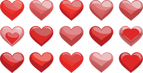 Vector Stylized Hearts in Glossy Red and Pink Tones Arranged in a Grid on White Background