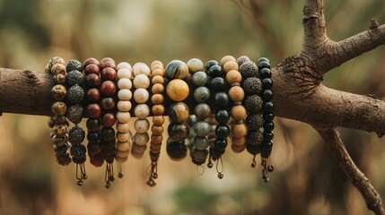 Handcrafted natural bead bracelets hanging on rustic tree branch display in organic bohemian style