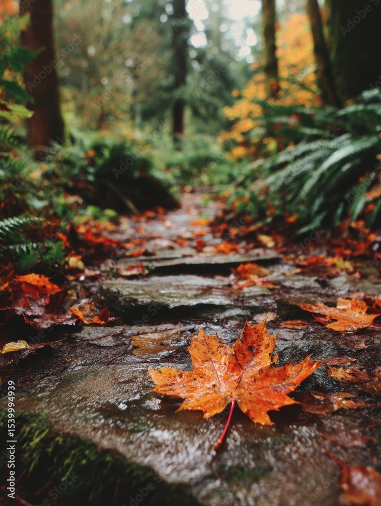 Poster transitioning from summer to autumn with self-care moments along a forest path laden with fallen lea