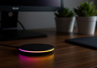 Illuminated Wireless Charger on Dark Wooden Desk