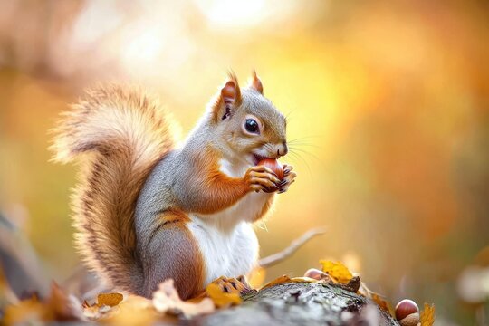 Squirrel Acorn. Redhead Squirrel Eating Acorn on Tree Branch in Autumn Park - Powered by Adobe