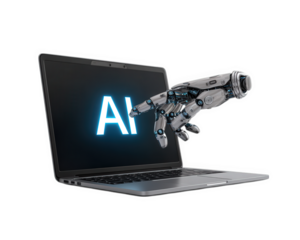 Artificial intelligence concept with robotic hand reaching from laptop screen displaying glowing AI text, symbolizing futuristic technology and innovation