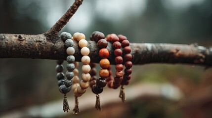 Handcrafted natural bead bracelets hanging on rustic tree branch display in organic bohemian style