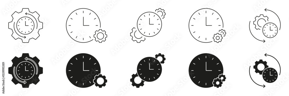Poster clock and gear line and solid icon set. time management, efficiency, and process optimization symbol