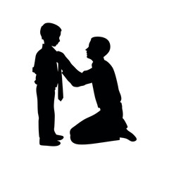 Father Tying Son’s Necktie Silhouette | Caring Dad and Child Vector Illustration on White Background