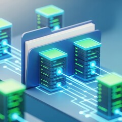 Fototapeta premium Digital Data Servers in Cloud Network with Glowing Lines and Folders
