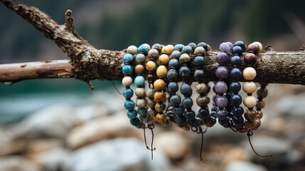 Handcrafted natural bead bracelets hanging on rustic tree branch display in organic bohemian style