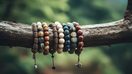 Handcrafted natural bead bracelets hanging on rustic tree branch display in organic bohemian style