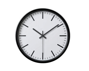 Minimalist wall clock with black and white design, round shape, modern style, simple lines, and clear face, isolated on transparency background, evoking calm and focus