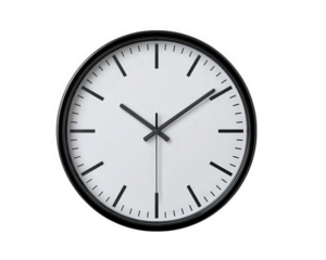 Minimalist wall clock with black and white design, round shape, modern style, simple lines, and clear face, isolated on transparency background, evoking calm and focus