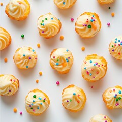 Miniature pastries topped with bright frosting and sprinkles