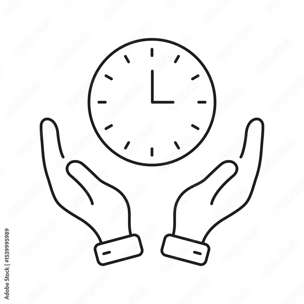 Poster hands holding clock line icon. time management, efficiency, and productivity outline symbol. priorit