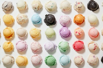 Ice cream scoops of various colors and flavors arranged in a grid pattern on a white surface