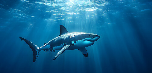 Naklejka premium Great white swims deep blue ocean. Predator animal in action. Underwater sea wildlife. Stunning marine life, dangerous big fish in natural habitat. Marine life aquatic animal illustration.
