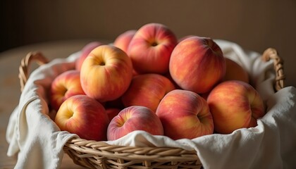 A basket overflowing with ripe, juicy peaches, nestled on a soft, white cloth.