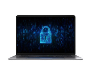 Blue digital lock symbol laptop cybersecurity data protection encryption glowing technology security privacy futuristic low resolution