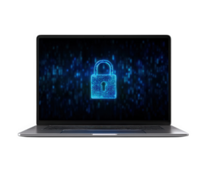 Blue digital lock symbol laptop cybersecurity data protection encryption glowing technology security privacy futuristic low resolution