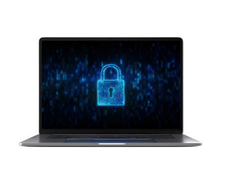 Blue digital lock symbol laptop cybersecurity data protection encryption glowing technology security privacy futuristic low resolution