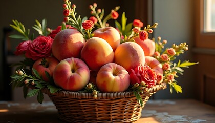 A wicker basket filled with peaches and apples, adorned with roses and small flowers, bathed in sunlight.