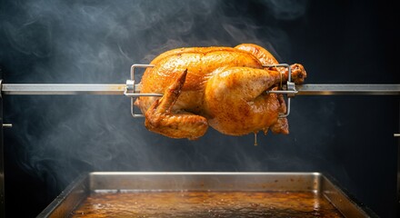 Roasted Chicken Rotating on Rotisserie, Smoking and Dripping