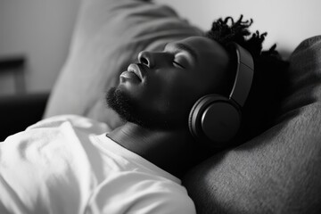 Black Man Wearing Headphones. Tranquil African American Businessman Relaxing on Couch with Wireless Earphones, Listening to Favorite Music