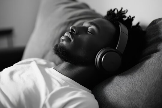 Black Man Wearing Headphones. Tranquil African American Businessman Relaxing on Couch with Wireless Earphones, Listening to Favorite Music