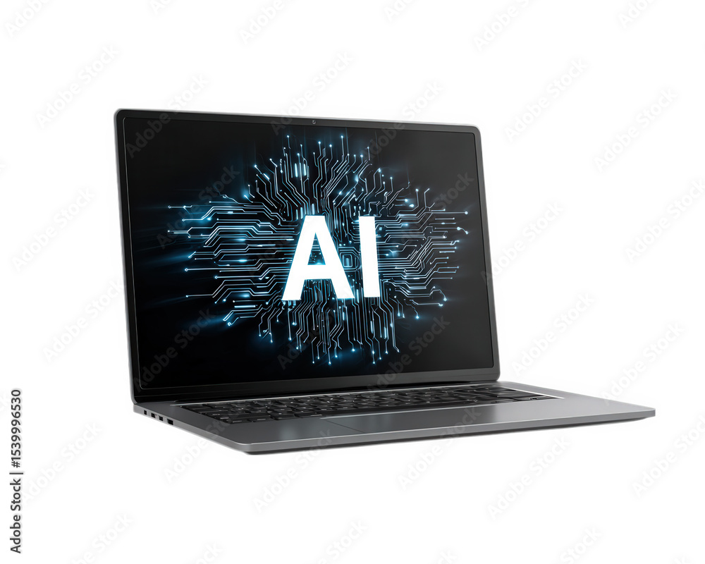 Poster ai text on digital circuit background, laptop computer displaying artificial intelligence concept, f