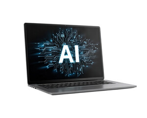 AI text on digital circuit background, laptop computer displaying artificial intelligence concept, futuristic technology, innovation, and modern design, inspiring and creative mood
