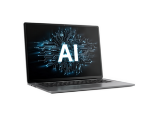 AI text on digital circuit background, laptop computer displaying artificial intelligence concept, futuristic technology, innovation, and modern design, inspiring and creative mood
